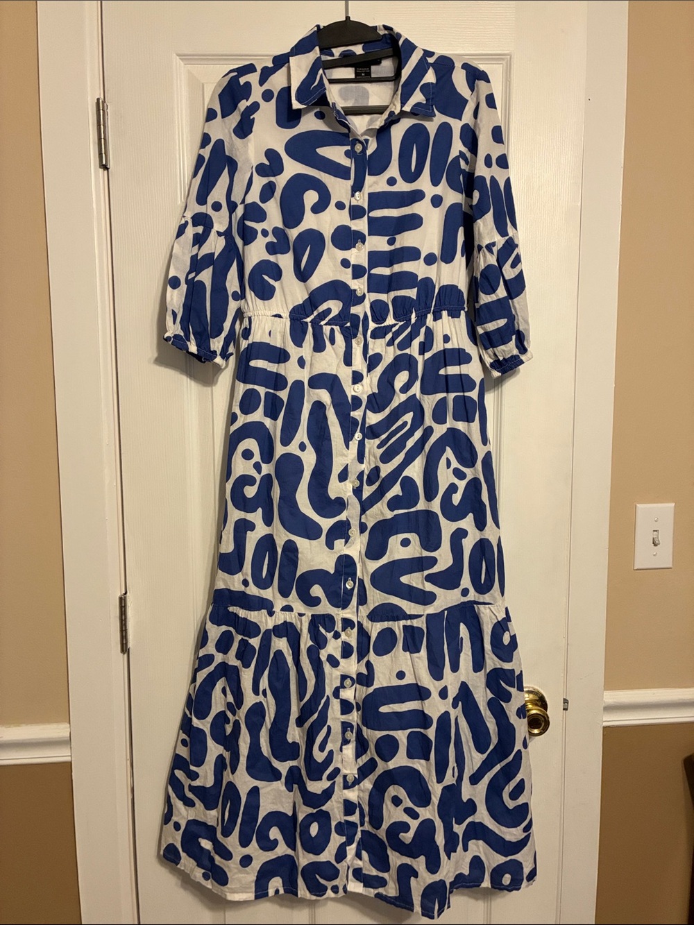 Blue & White Abstract Print Shirt Dress